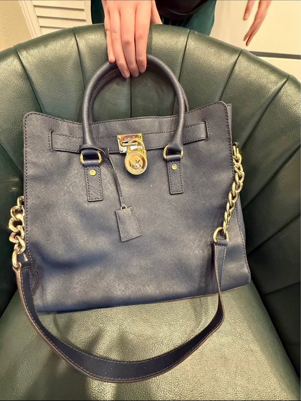 Michael Kors Navy Satchel with Gold-Tone Chain Trim